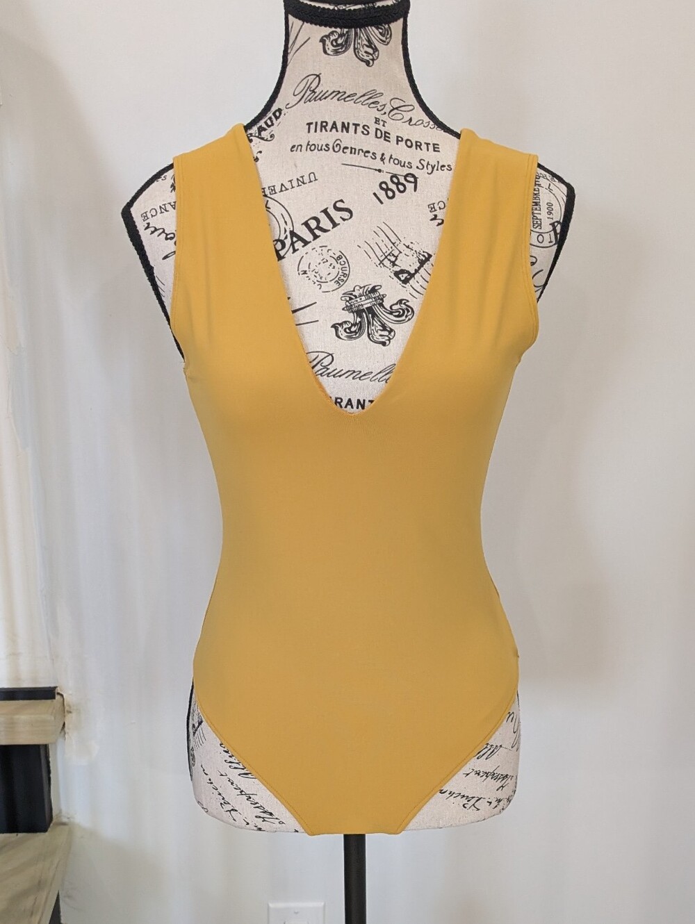 FREE PEOPLE | Women's Mustard Yellow Keep It Sleek Thong V-Neck Bodysuit
